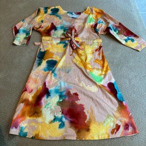 Sparrow & Hawk Dress Frida Watercolor Midi Minimalist Artsy Modern LS MEDIUM NWT